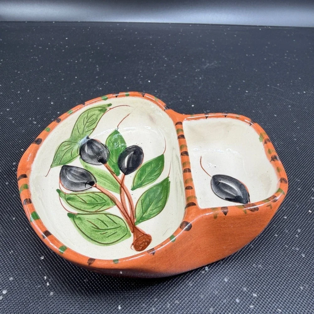 Olaria Oliverio Dourado Portugal Hand Painted Ceramic Olive Divided Serving Dish
